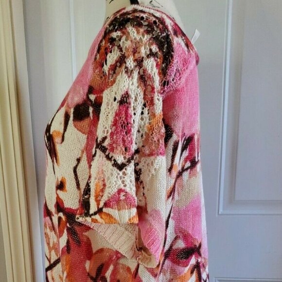 Chicos Pink Floral Cherry Blossom Print Netting Spring Summer Blouse Top Size 2 - Picture 6 of 13